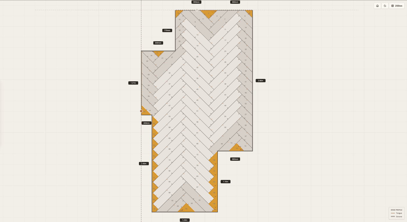 Herron editor showing a herringbone tile layout with numbered pieces and dimension labels